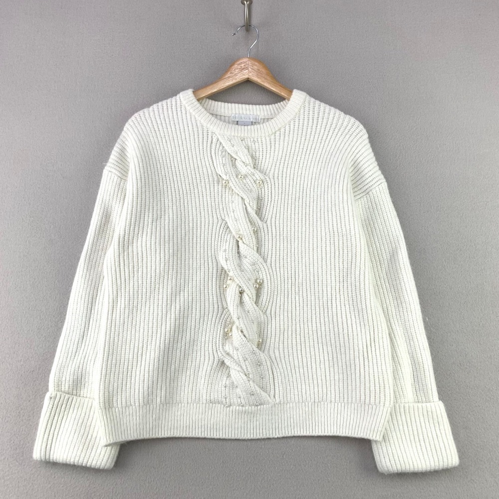 Design History Cable Knit Sweater Women Large White Faux Pearl Beaded Ribbed